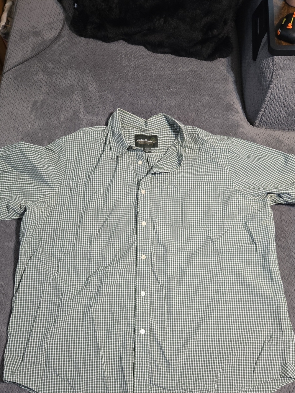Eddie Bauer Green and White Check Button-Down Shirt